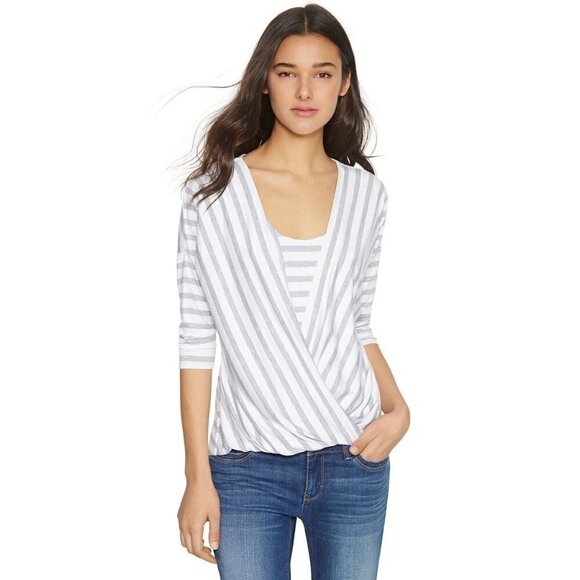 2/$30 WHBM Last Stripe Surplice Blouse NWT Size XS Gray White Drape Jersey Knit - Picture 1 of 9